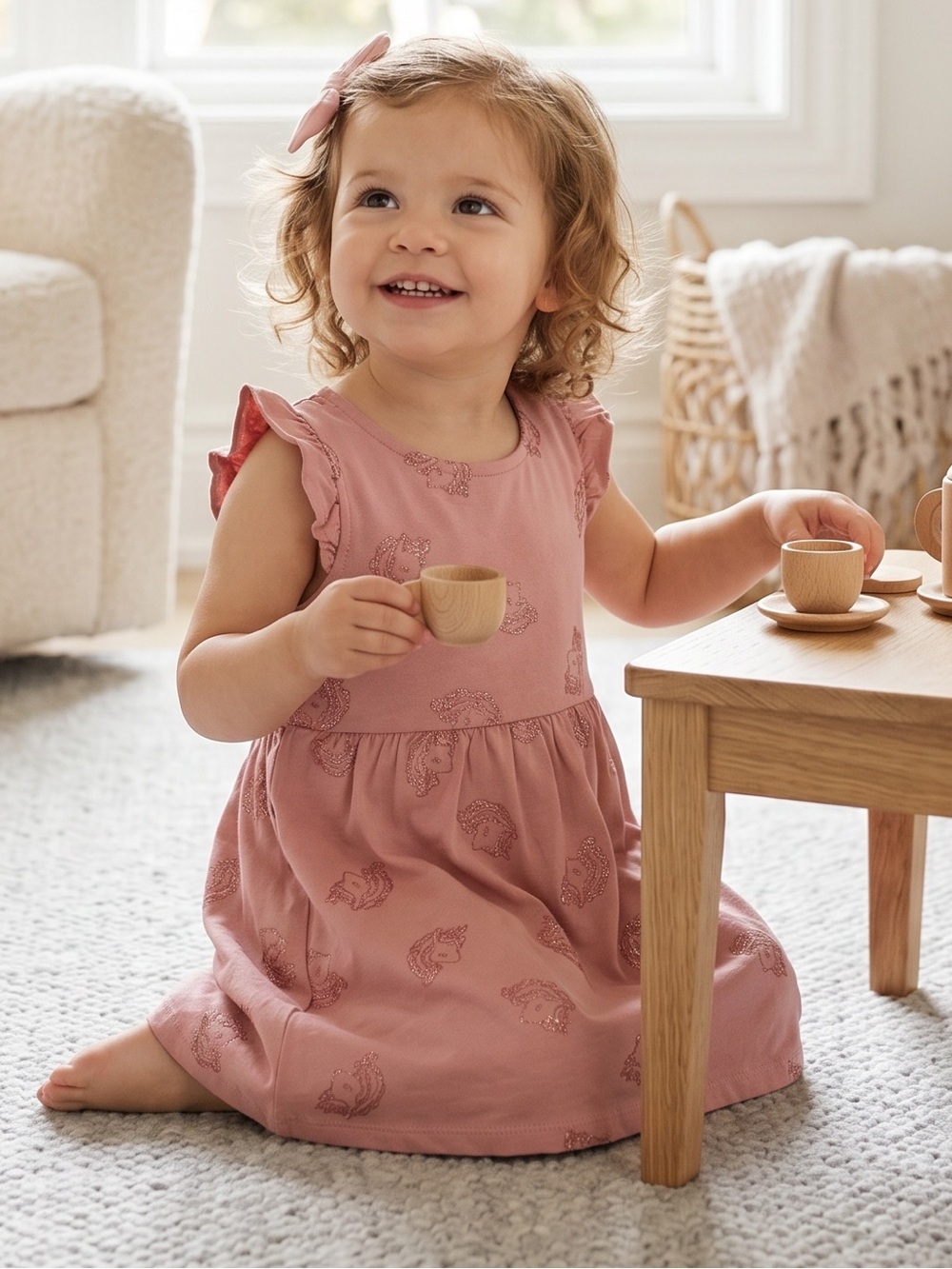 H&M Dusty Pink Ruffle Sleeve Unicorn Kids Dress